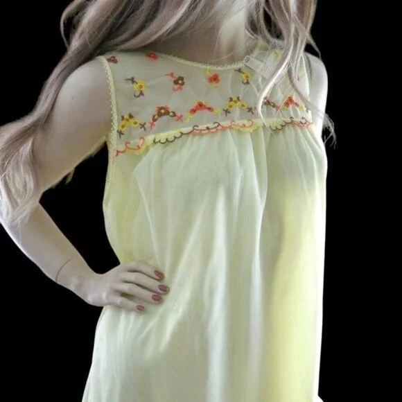 Vintage 70s Yellow Chiffon Nightie Sheer Floral Trim Deadstock Lingerie Size S - Picture 4 of 8